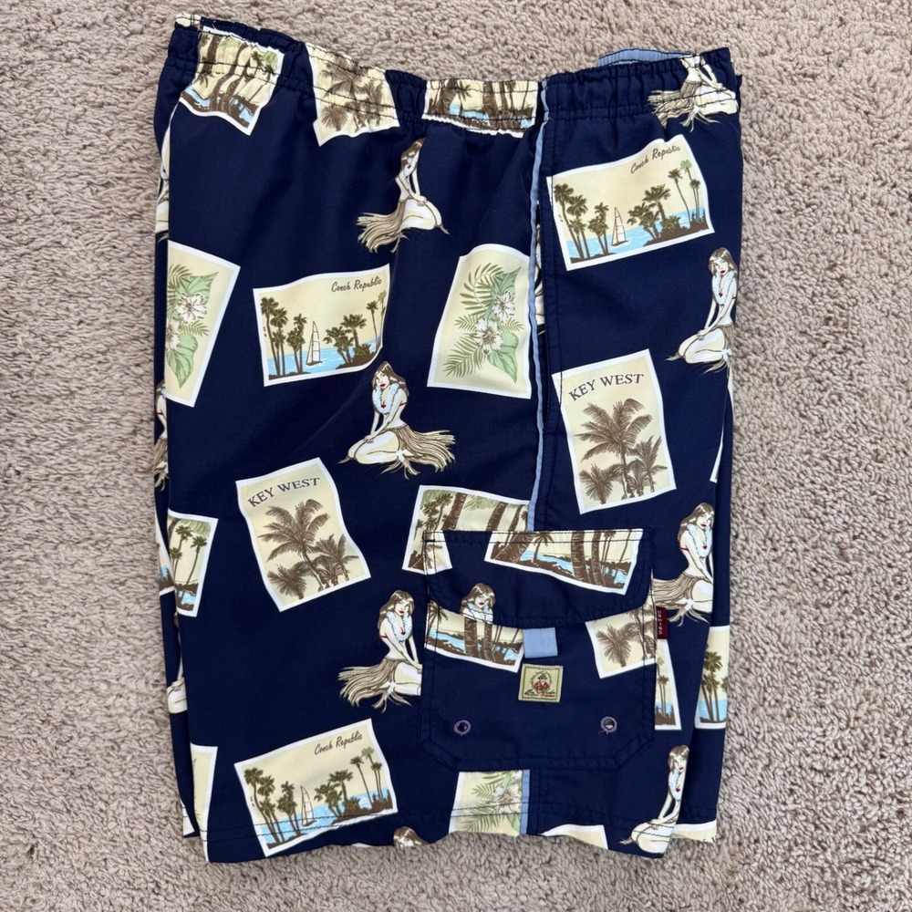 Joe Marlin Swim Trunks Mens‎ L Blue Hula Girl Key West Print Side Pockets Shorts - Picture 2 of 10